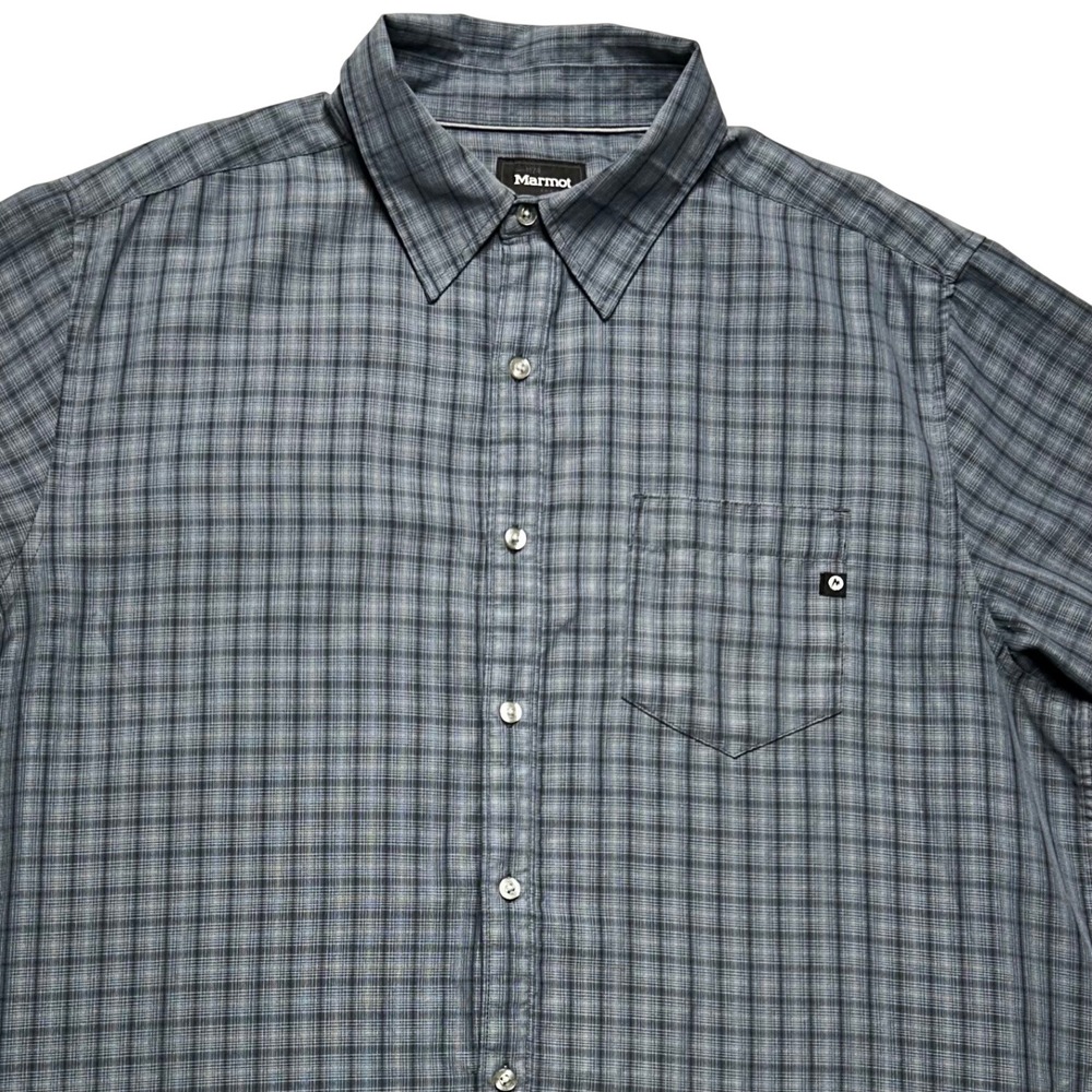 Marmot Button Down Shirt Mens XL Blue Plaid Polynosic Rayon Blend Hiking Outdoor